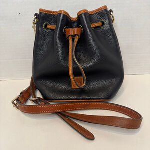 Dooney & Bourke Pebble Grain Small Drawstring Bag Black & Saddle Leather, NWOT